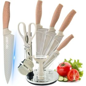 Kitchen Knife Set, 8-Pieces Khaki Sharp Chef Knife Set with Block, Knife Block Set with Diamond Grain Non-stick Knife Blade