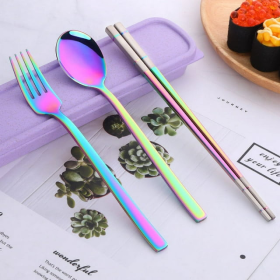 Stainless Steel Cutlery Set - Spoon Fork & Chopsticks with Wheat Box - Travel Set